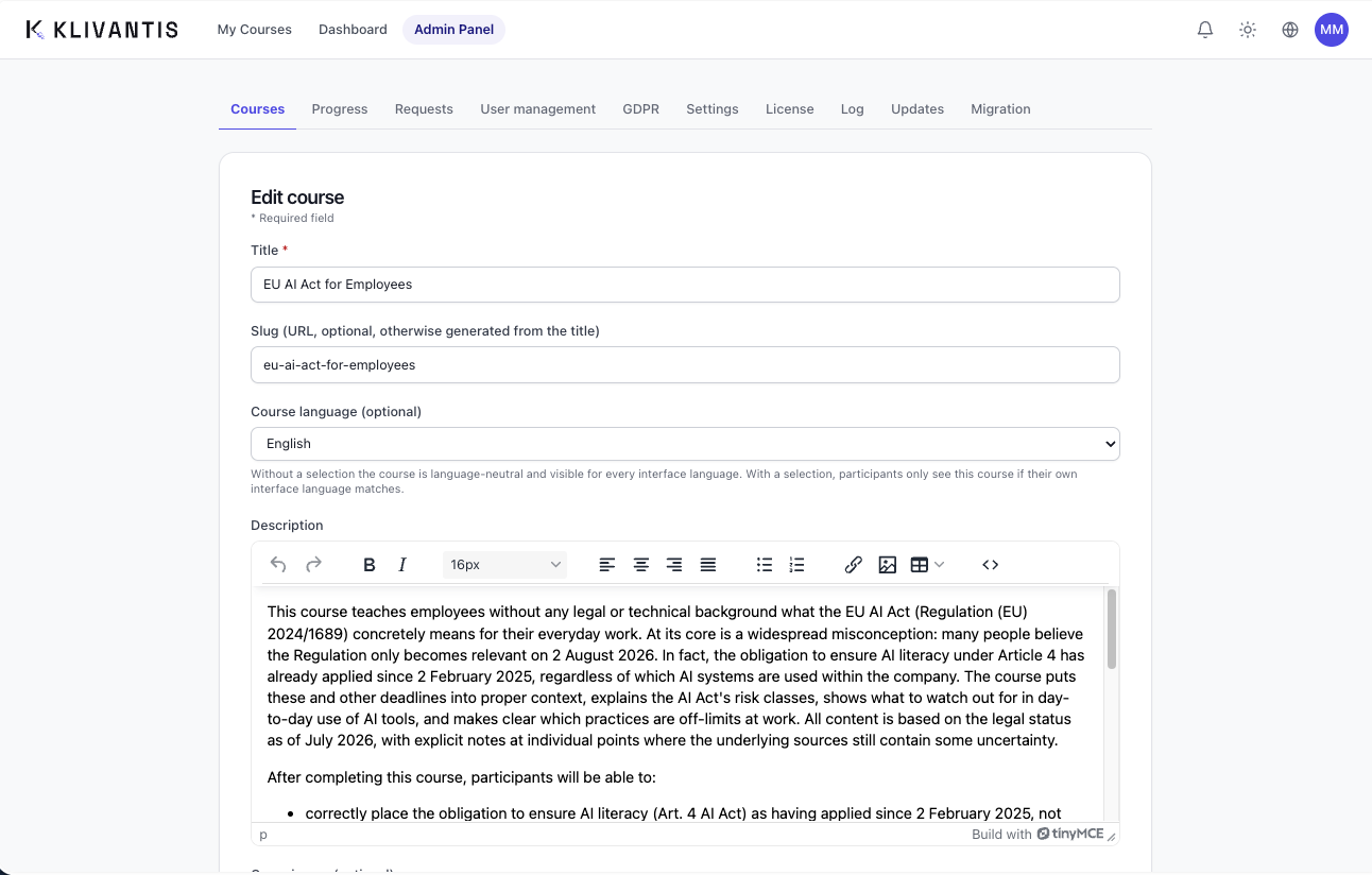 Real screenshot: course editor of the Team-Training-App with WYSIWYG editor