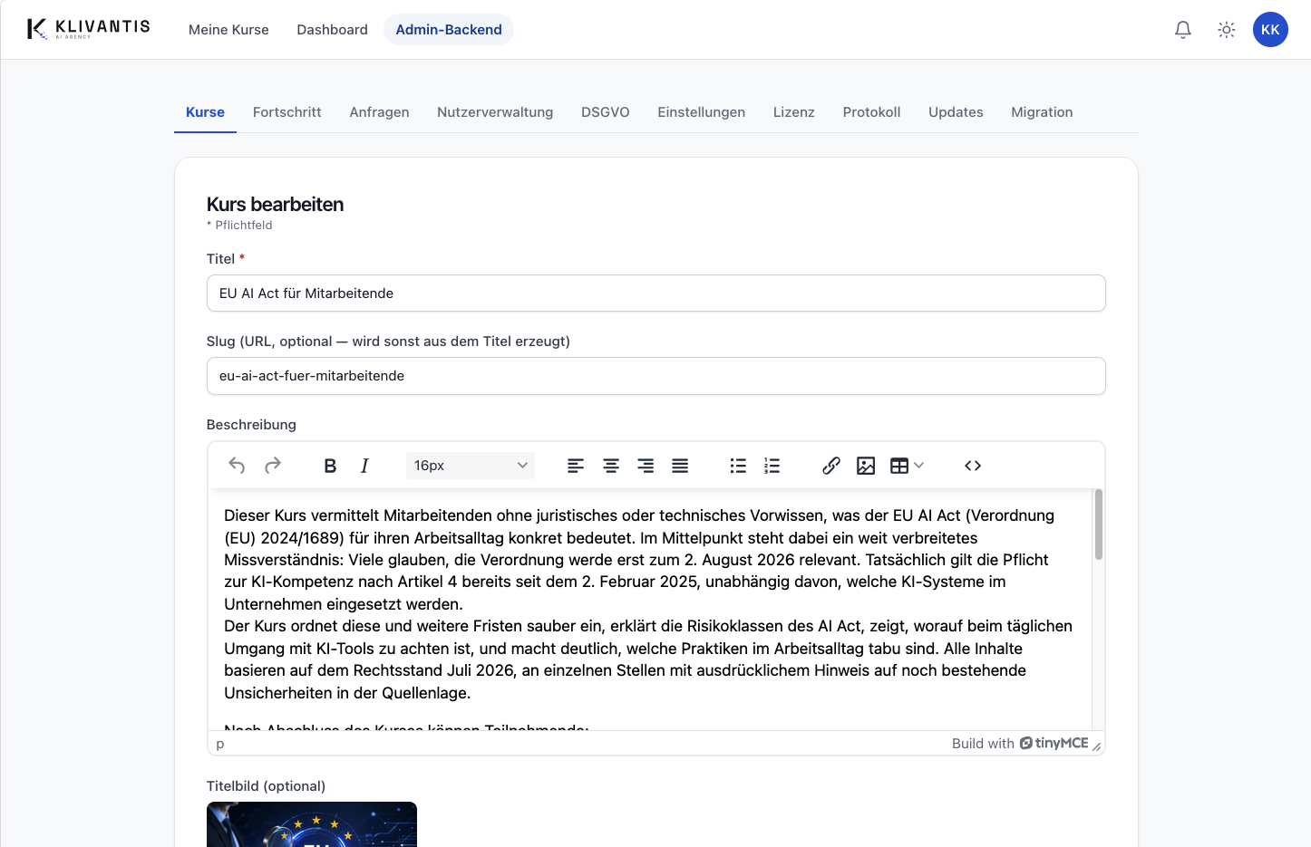 Echter Screenshot: Kurseditor der Team-Training-App mit WYSIWYG-Editor