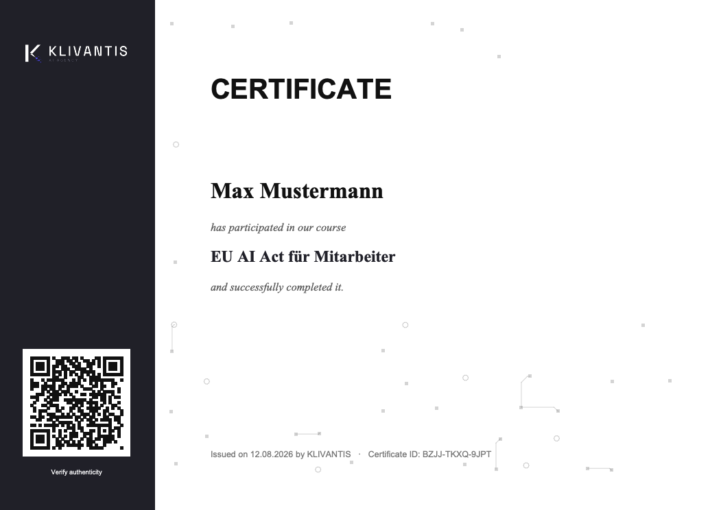 Certificate of the Team-Training-App with QR verification (demo data)